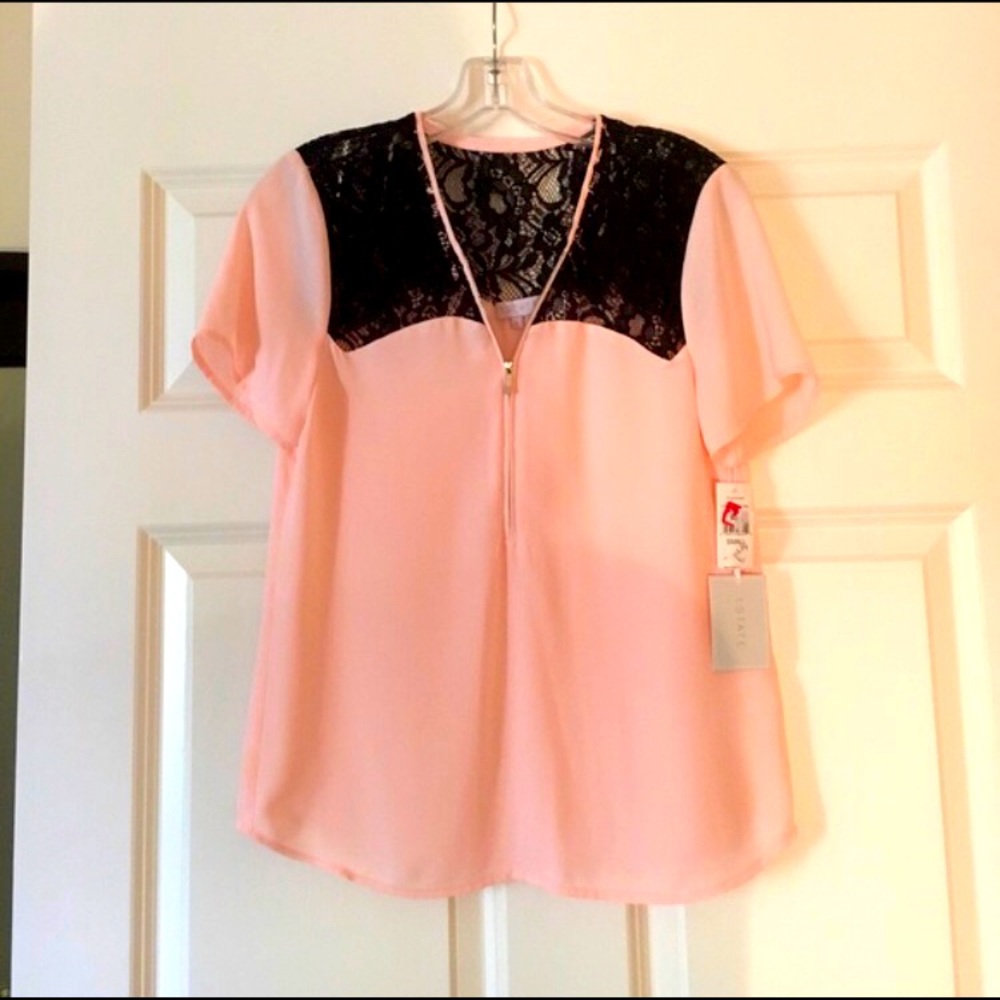 NWT Pink Chiffon & Black Lace Blouse